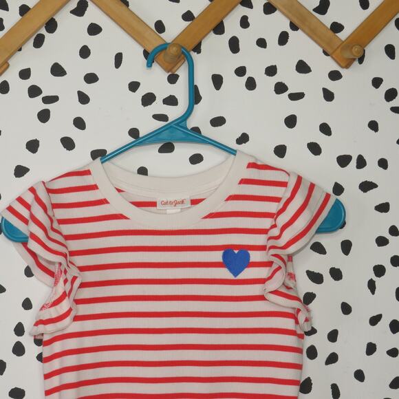 Cat & Jack Red Striped Embroidered Flutter Sleeve Girls T-Shirt - Picture 2 of 6